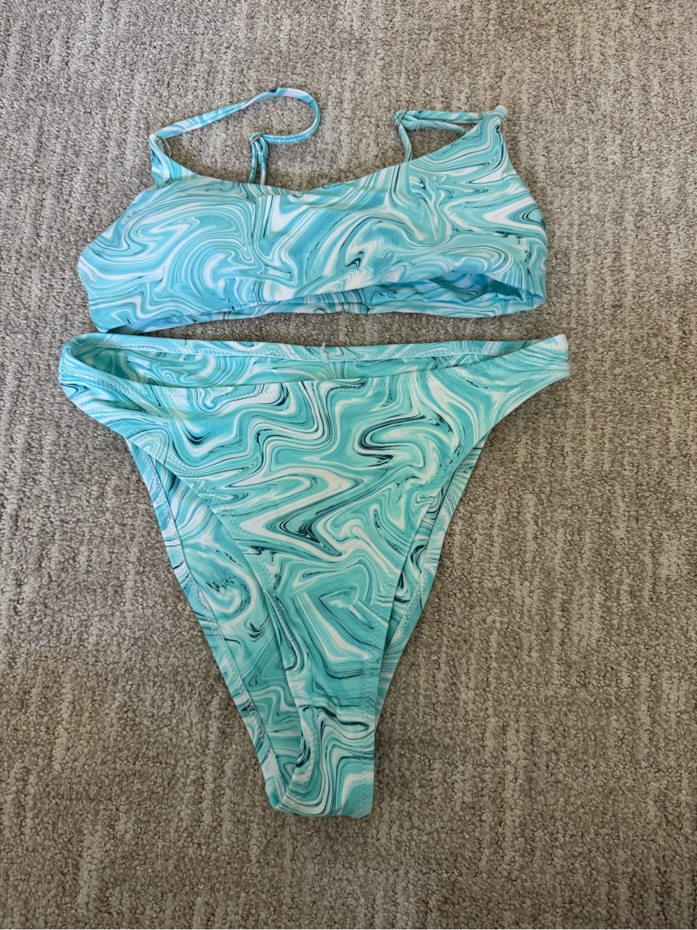 Turquoise Marble Print Scoop Neck Bikini Set